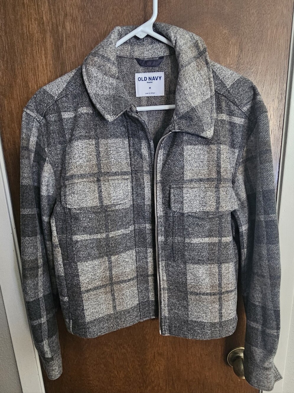 Old Navy Gray Plaid Zip-Front Wool Blend Jacket